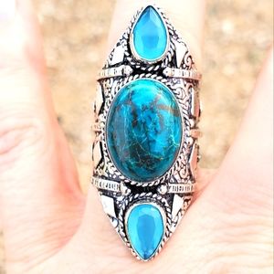 New Chrysocolla & Chalcedony 925 Silver Statement Ring.